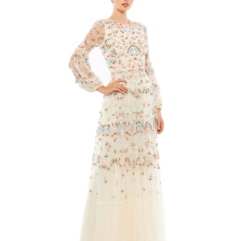 Mac Duggal Nwt White Embellished Boho Long Sleeve Dress